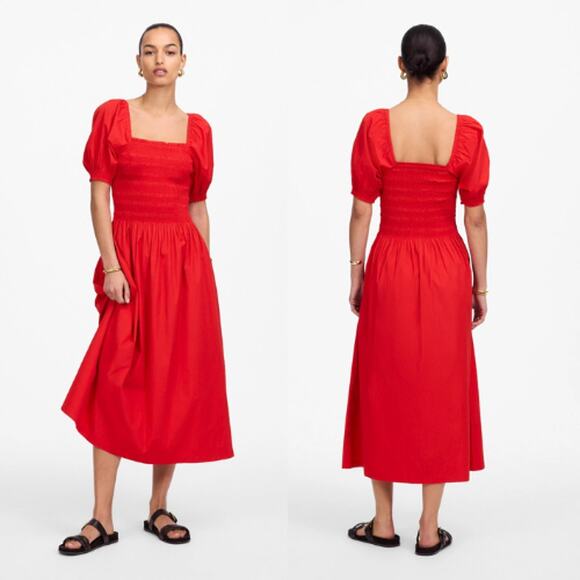 Madewell Women's Poplin Smocked Puff Sleeve Midi Dress NV027 Cerise Size M NWT - Picture 1 of 6